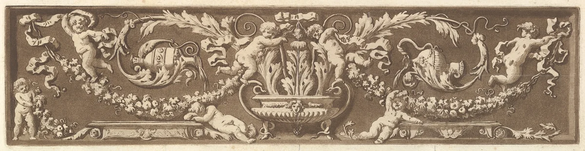 Ornamental frieze with putti, acanthus leaves, and garlands of fruit, from Recueil de Différentes Compositions Frises et Ornements dessinées et gravées à la manière du lavis par La Grenée le Juene Se trouve chez l'Auteur, au Louvre et chez Basan, rue et Hôtel Serpente A Paris, in an album containing Recueil de Compositions par Lagrenée Le Jeune (Collection of Compositions by Lagrenée the Younger) by Jean Jacques Lagrenée, print, 1784