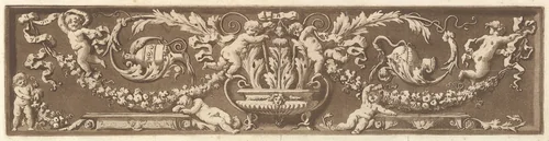 Ornamental frieze with putti, acanthus leaves, and garlands of fruit, from Recueil de Différentes Compositions Frises et Ornements dessinées et gravées à la manière du lavis par La Grenée le Juene Se trouve chez l'Auteur, au Louvre et chez Basan, rue et Hôtel Serpente A Paris, in an album containing Recueil de Compositions par Lagrenée Le Jeune (Collection of Compositions by Lagrenée the Younger) by Jean Jacques Lagrenée, print, 1784