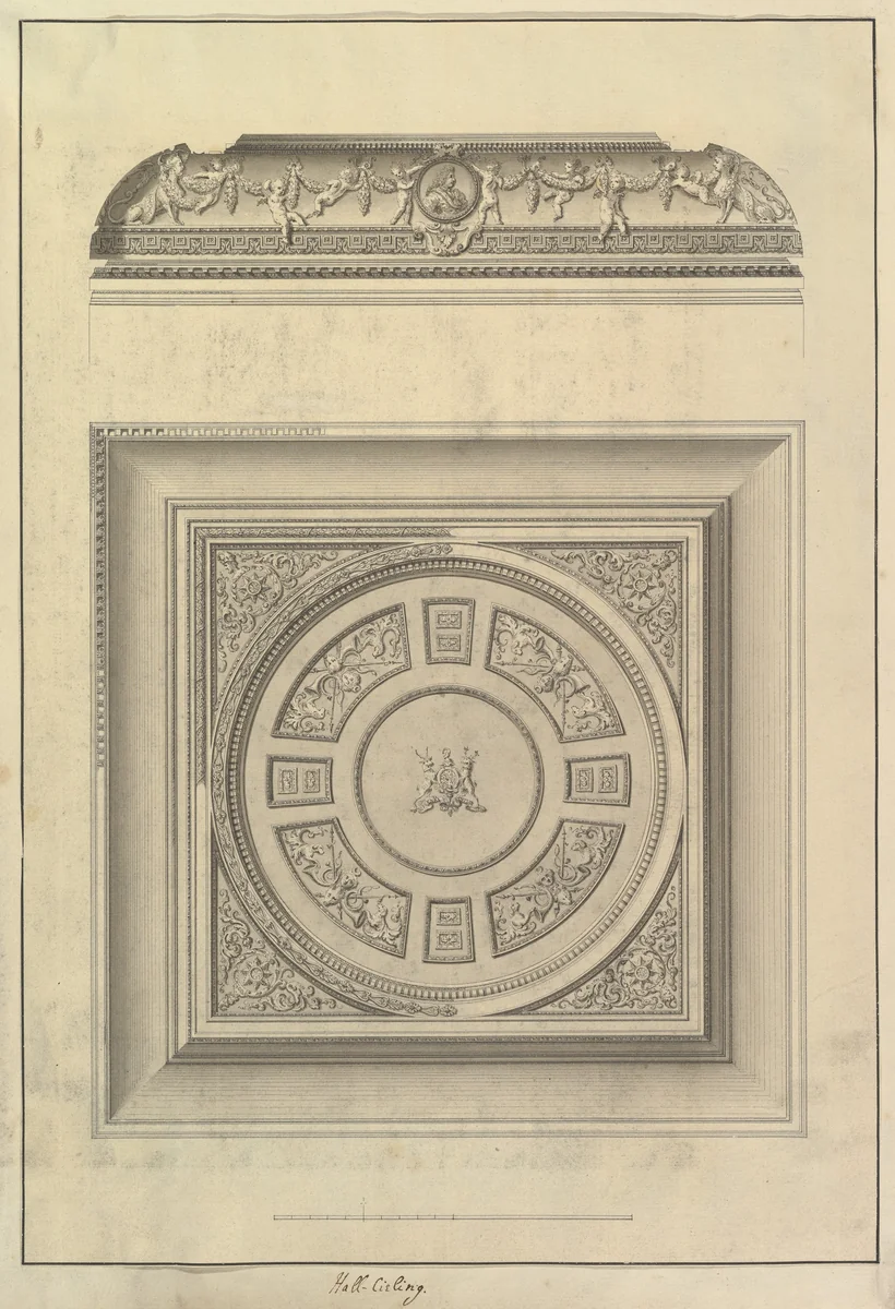 Hall Ceiling, Houghton Hall, Norfolk by Isaac Ware, drawing, 1735