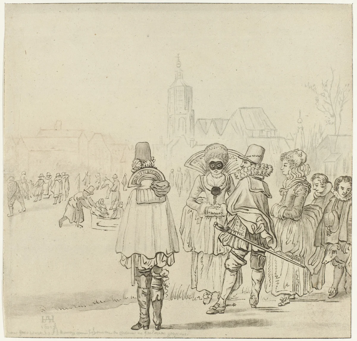 Elegant gezelschap op het ijs by Cornelis Ploos van Amstel, print, 1766