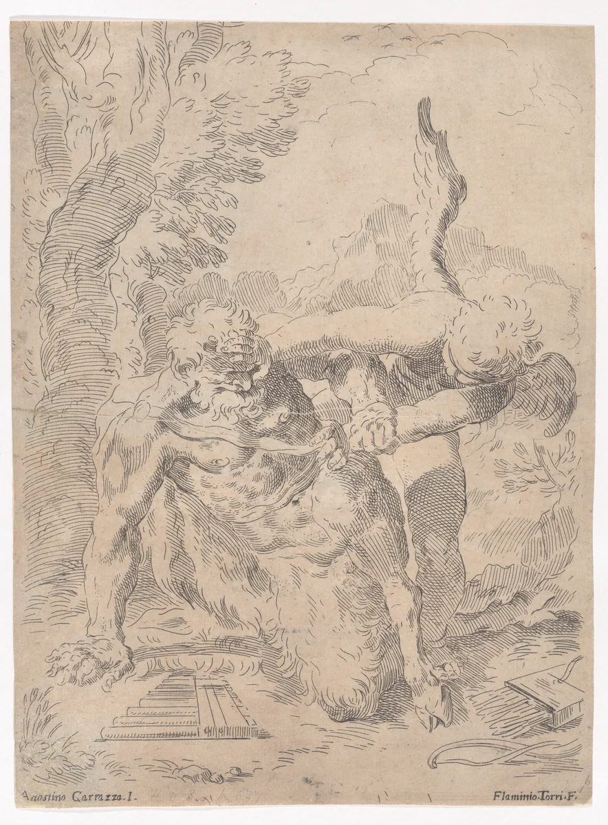 Pan and Cupid by Flaminio Torre, print, 1640-1660