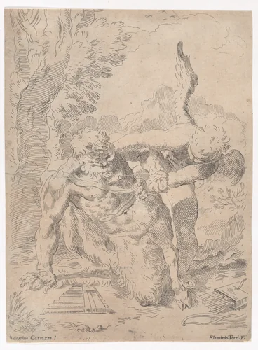 Pan and Cupid by Flaminio Torre, print, 1640-1660