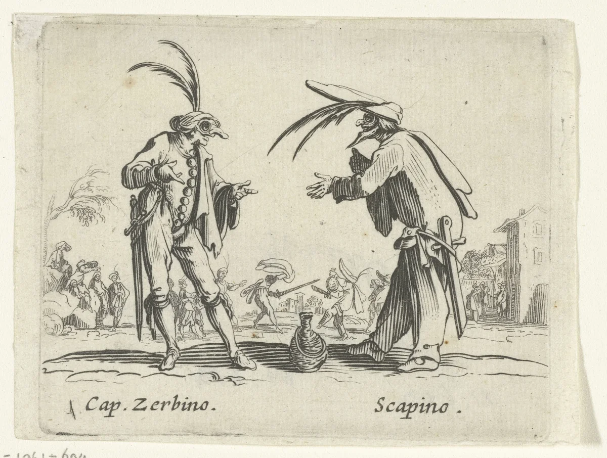 Twee straatartiesten als Capitano Zerbino en Scapino by anonymous, print, 1622-1670
