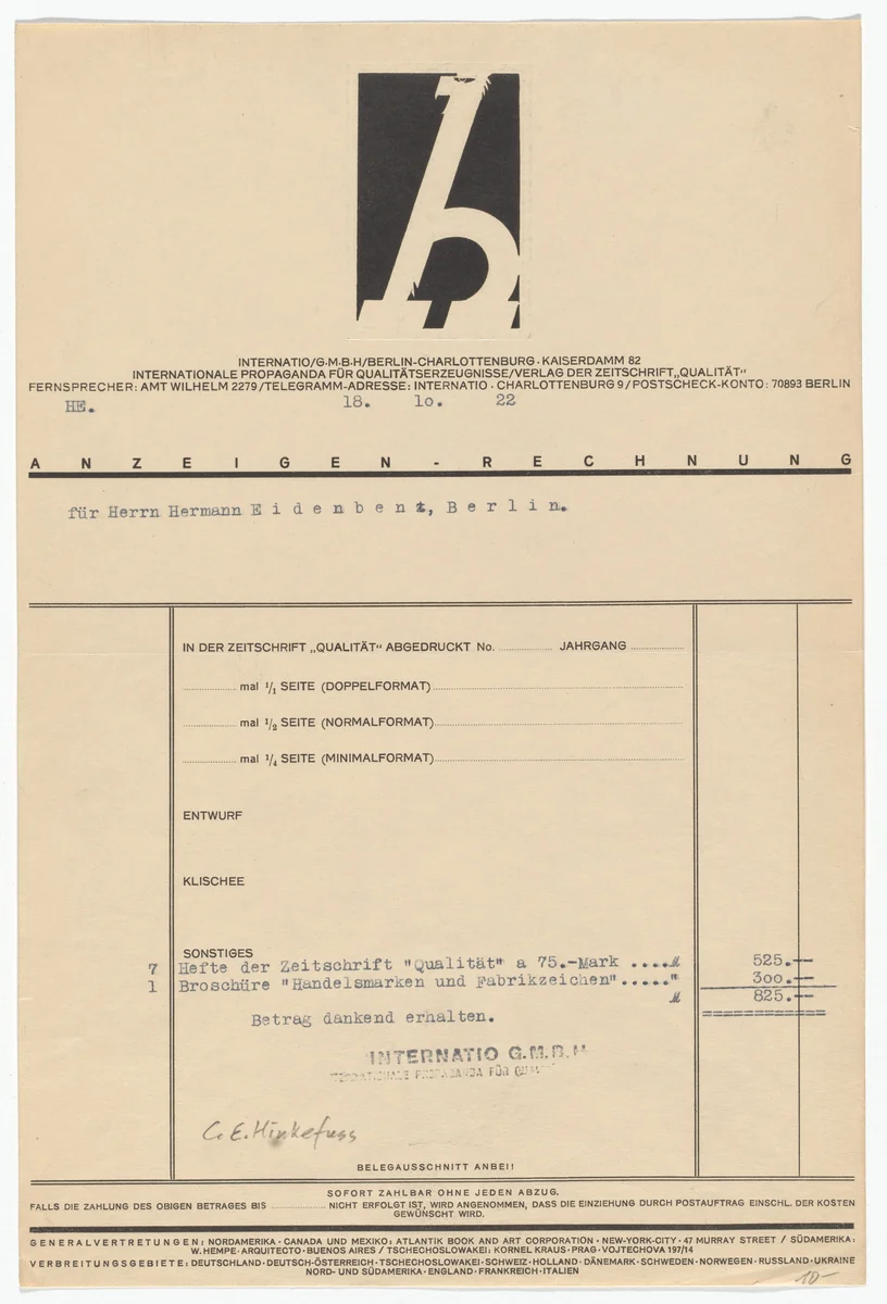Qualität Magazine advertising invoice by Wilhelm Deffke, design, 1922