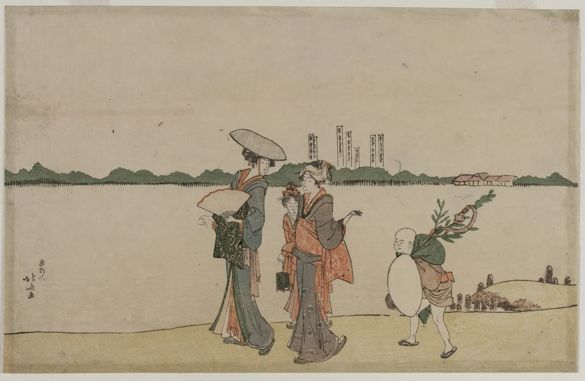 Women and Children Walking Along the Sumida River by Katsushika Hokusai (葛飾 北斎), print, 1800-1805