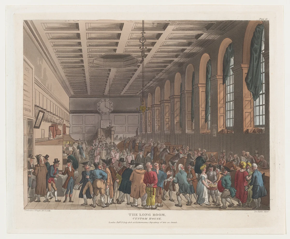 The Long Room, Custom House by Thomas Rowlandson, print, 1808