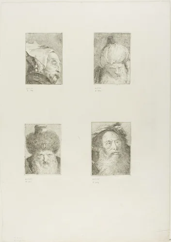Profile of an Old Man, Turk Seen from the Front, Turk with Fur Hat, and Old Man with a Beard by Giovanni Domenico Tiepolo, print, 1775