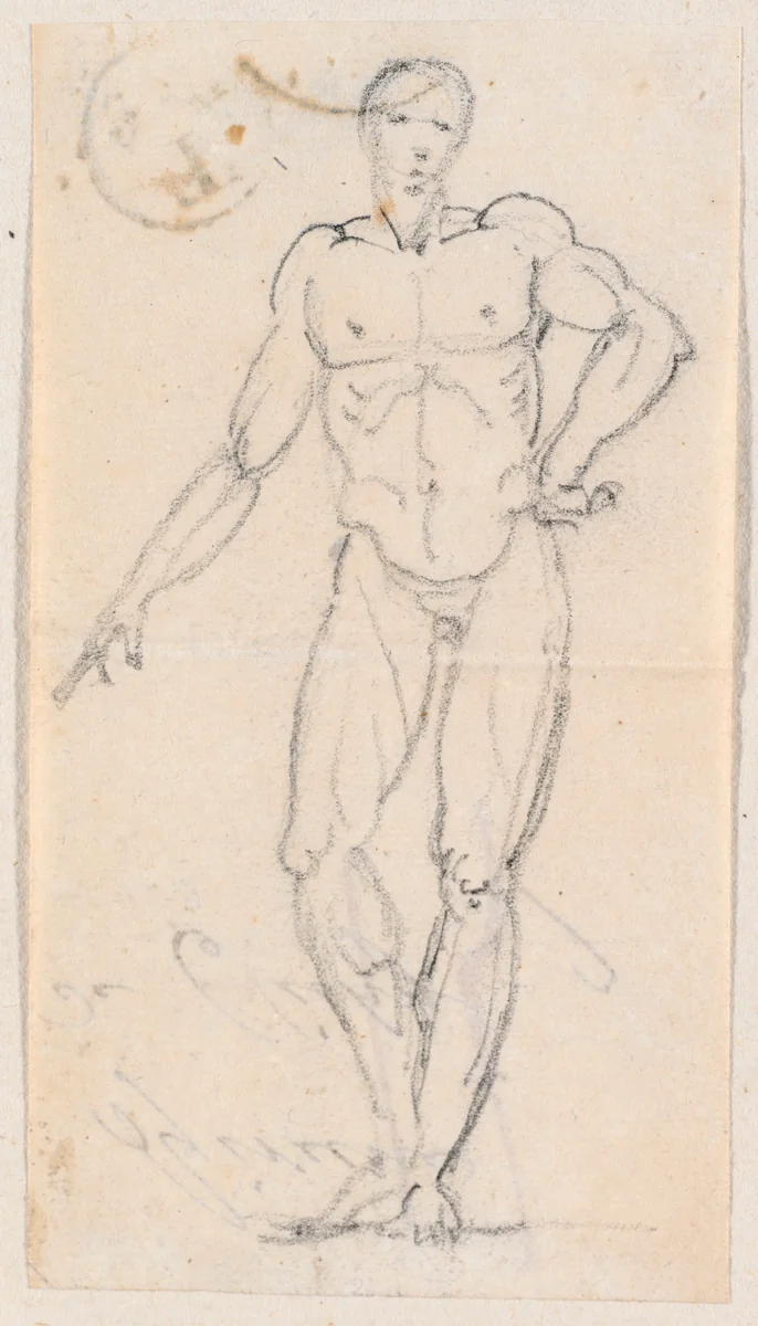 Statue of a Male Nude with Hand on Hip by Hubert Robert, drawing, 1754-1765
