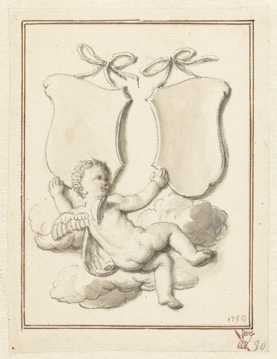 Putto met twee wapenschilden by Louis Fabritius Dubourg, drawing, 1754