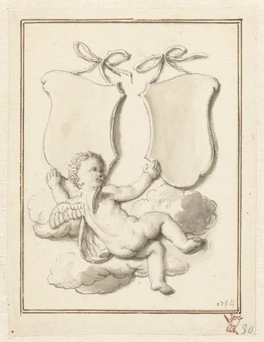 Putto met twee wapenschilden by Louis Fabritius Dubourg, drawing, 1754