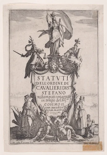 Frontispiece, from "Statuti dell'Ordine de' Cavalieri di S.to Stefano" (Statutes of the Knights of the Order of St. Stephen) by Jacques Callot, print, 1620-1621