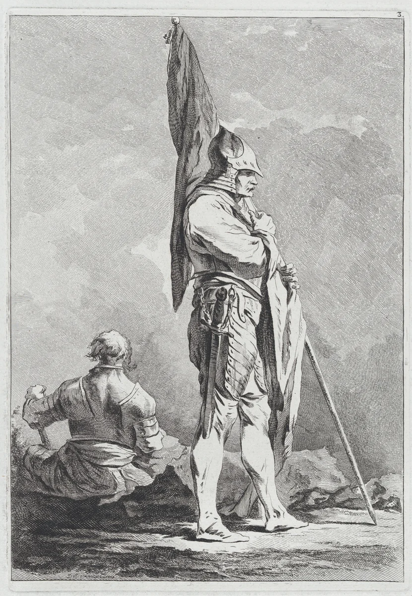 Two Soldiers, One Standing Holding a Flag, One Seated Seen from Behind by Matthias Pfenninger, print, 1764