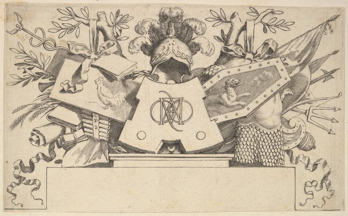 Trophy with Monogram Containing the Letters of LEONARDOS by Claude Mellan, print, 1651