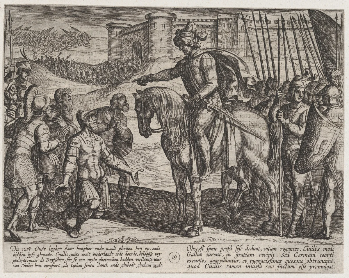 Plate 19: Men from the Fortress Surrender and Pledge Their Lives to Civilis, from The War of the Romans Against the Batavians (Romanorvm et Batavorvm societas) by Antonio Tempesta, print, 1611-1612