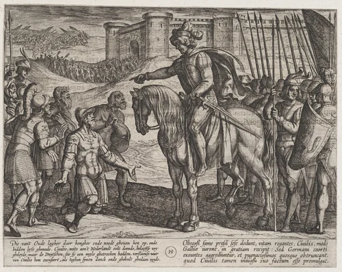 Plate 19: Men from the Fortress Surrender and Pledge Their Lives to Civilis, from The War of the Romans Against the Batavians (Romanorvm et Batavorvm societas) by Antonio Tempesta, print, 1611-1612