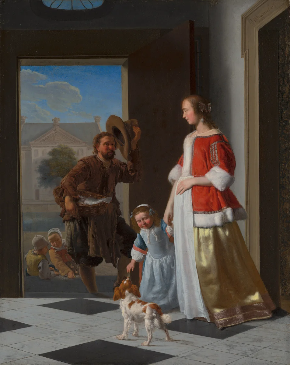 A Fishmonger at the Door by Jacob Ochtervelt, painting, 1663