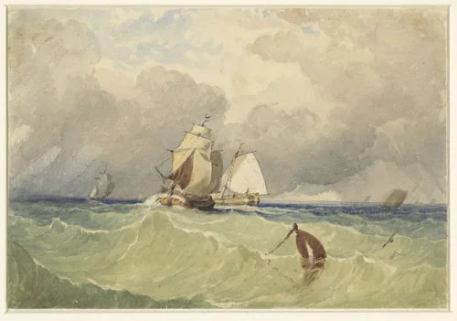 Driemasters en tjalk zeilend in volle zee by Thomas Sewell Robins, drawing, 1830-1880