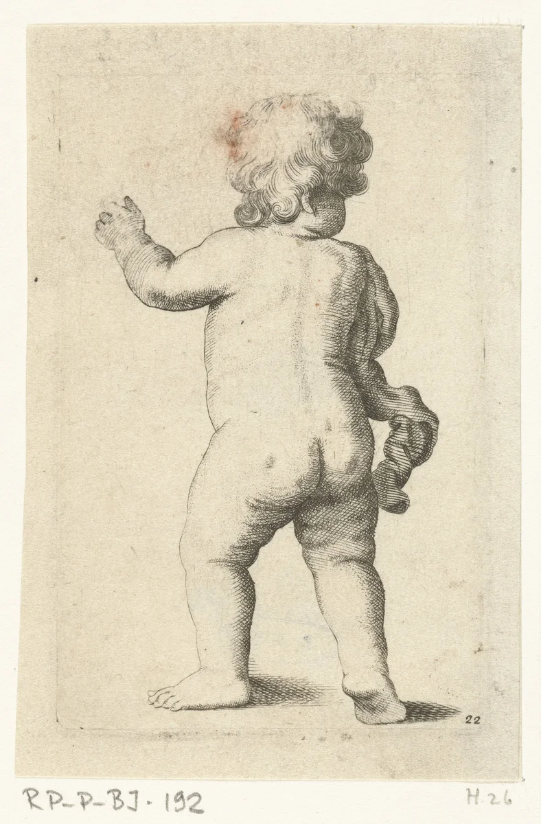 Staand naakt kindje van achteren by Pieter van Avont, print, 1630-1652