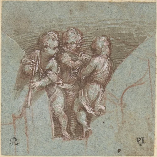 Design for a Pendentive: Youthful Musicians with Wind Instruments by Pomponio Amalteo, drawing, 1505-1588