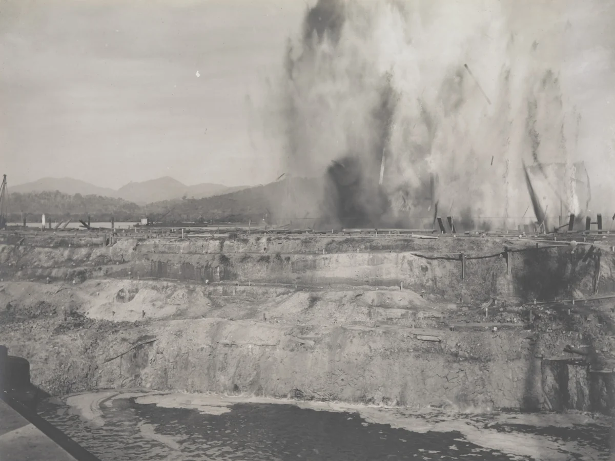 Balboa Terminals. Blasting on outside of protection dike by Unidentified Photographer, photograph, 1916