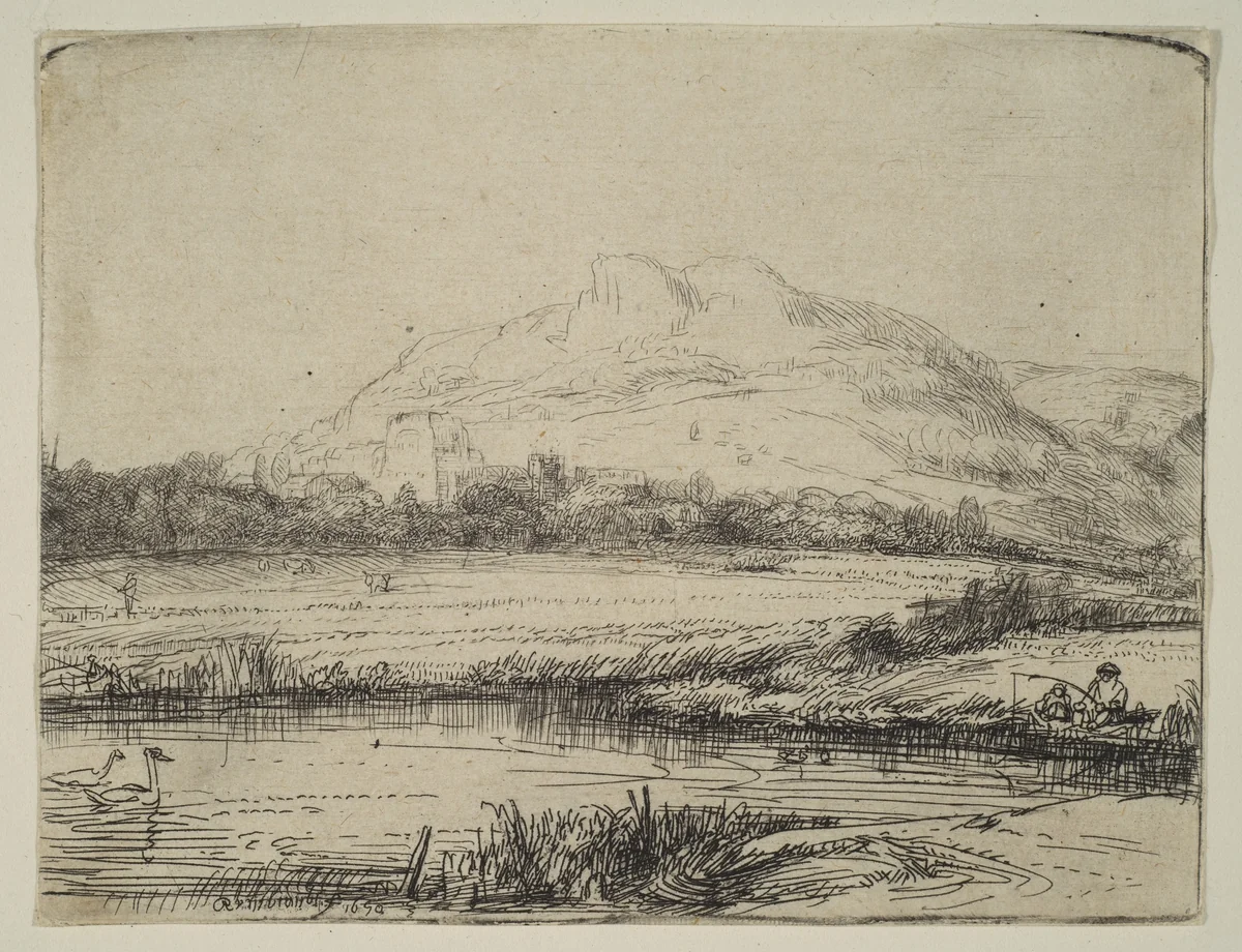 Canal with an Angler and Two Swans by Rembrandt van Rijn, print, 1650