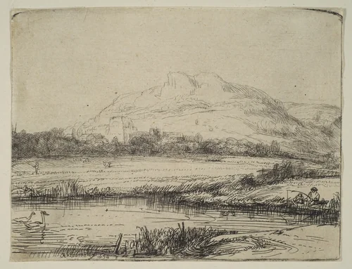 Canal with an Angler and Two Swans by Rembrandt van Rijn, print, 1650
