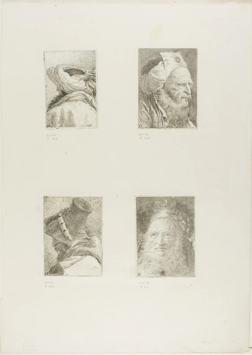 Turk Seen from Behind, Three-Quarter View of an Old Man with a Beard, Bearded Old Man with a Hat, Profile of an Old Man with a Hat by Giovanni Domenico Tiepolo, print, 1775