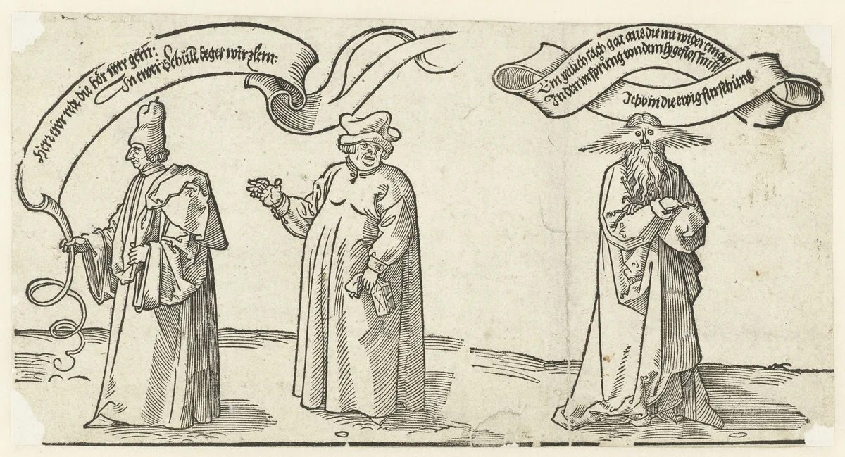 Een leraar en een geestelijke; de Eeuwige Voorzienigheid by Unknown, print, 1521-1528