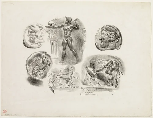 Sheet of Six Antique Medals by Eugène Delacroix, print, 1825