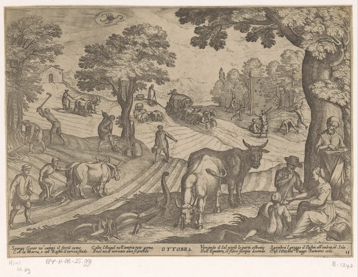 Oktober: ploegen (schorpioen) by Antonio Tempesta, print, 1599