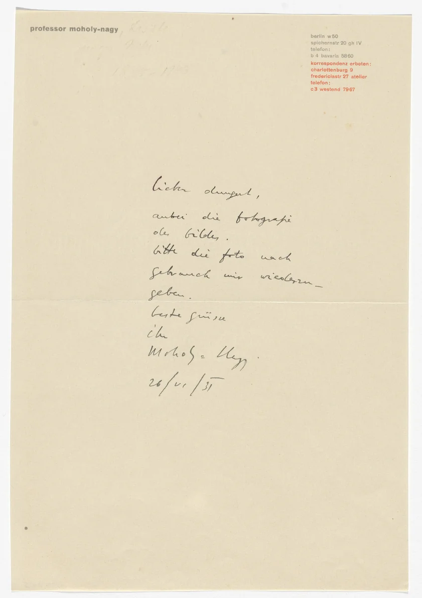 Professor Moholy-Nagy letterhead (Letter to Max Dungert) by László Moholy-Nagy, design, 1935