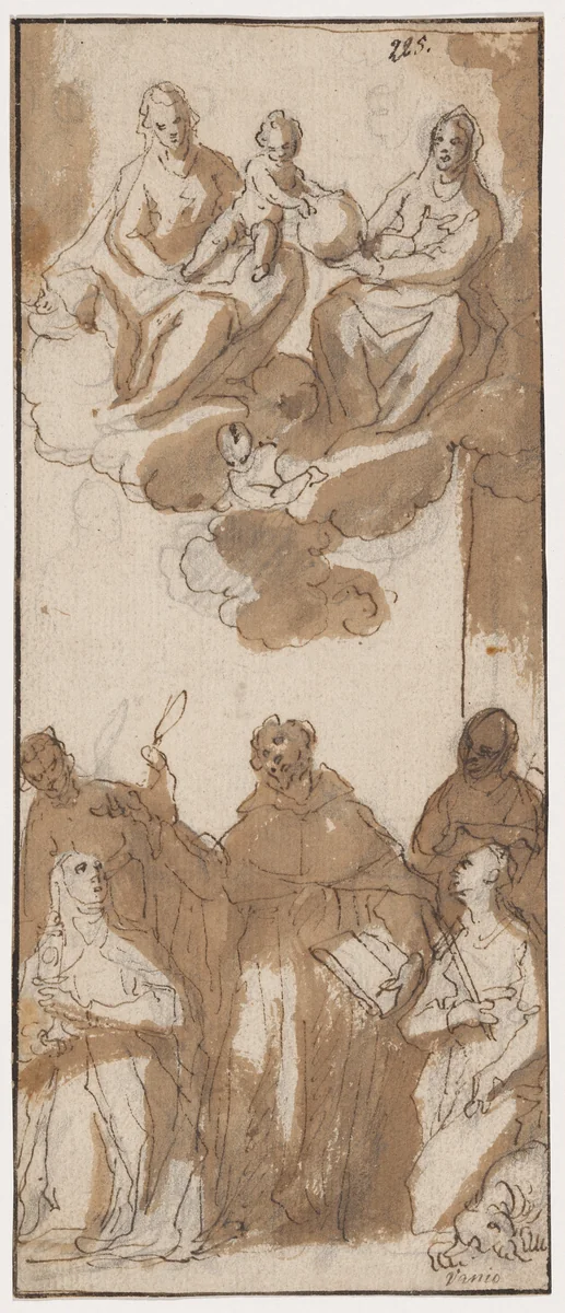 Madonna and Child in the Clouds, Adored by Saints by Italian 17th Century, drawing, 1605-1615