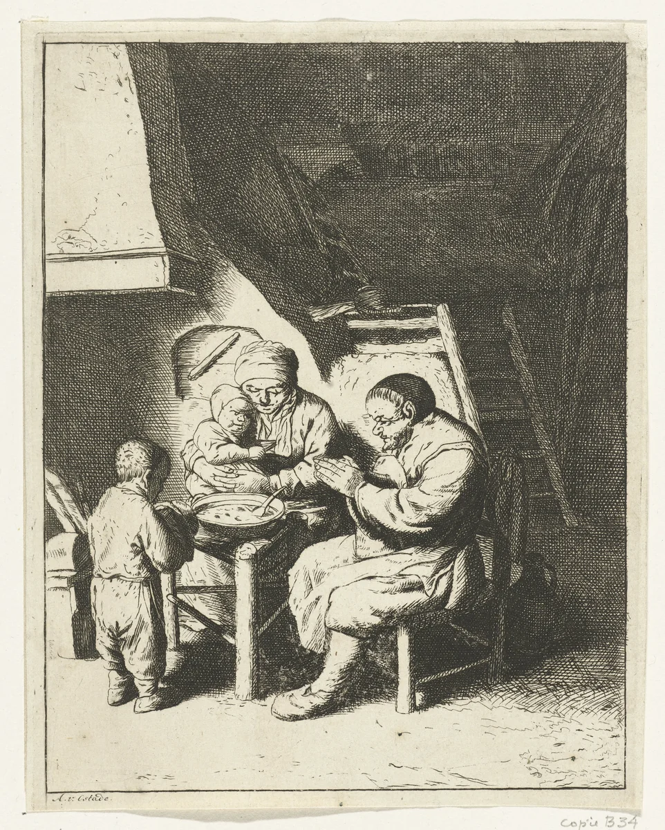 Gezin aan tafel voor de maaltijd by anonymous, print, 1653-1745