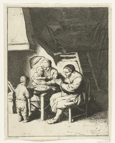 Gezin aan tafel voor de maaltijd by anonymous, print, 1653-1745