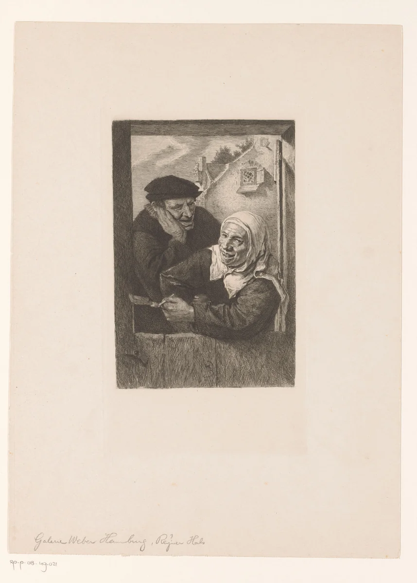 Vrouw met pijp en man in deuropening by Léopold Flameng, print, 1841-1911