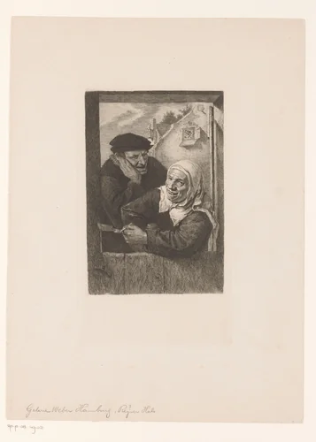 Vrouw met pijp en man in deuropening by Léopold Flameng, print, 1841-1911