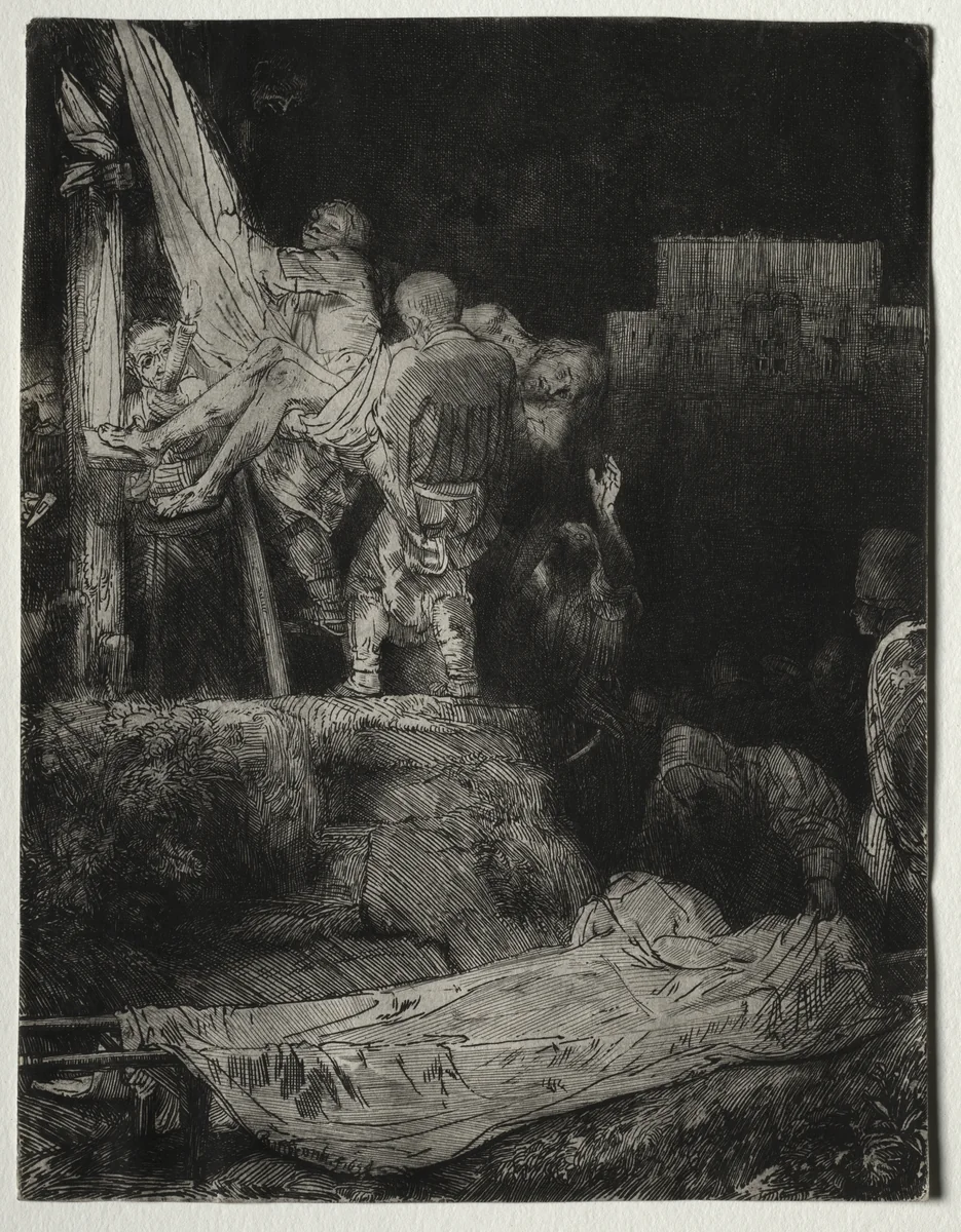 The Descent from the Cross by Torchlight by Rembrandt van Rijn, print, 1654