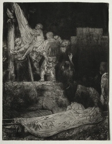 The Descent from the Cross by Torchlight by Rembrandt van Rijn, print, 1654