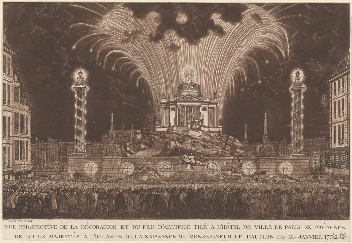 La Décoration et du Feu d'Artifice... la Naissance de Monseigneur le Daufin (Fireworks Celebrating the Birth of the Dauphin) by Victor Jean Nicolle, print, 1782