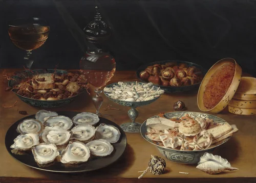 Dishes with Oysters, Fruit, and Wine by Osias Beert, painting, 1615-1625