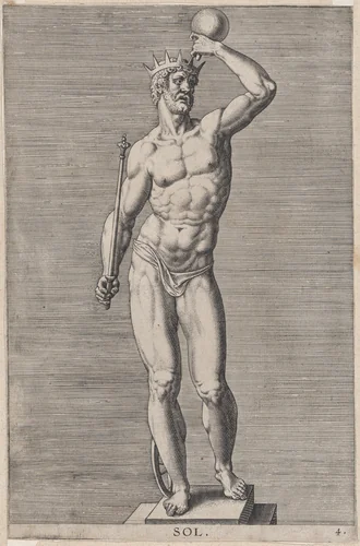 Apollo; statue of the nude god standing on a socle, wearing a crown and holding a scepter in his right hand and an orb in his left, plate 4 from "Statues of Roman Gods" by Philips Galle, print, 1586