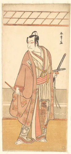 The Actor Ichikawa Danjuro V as a Samurai Attired in a Purple Haori (Coat) by Katsukawa Shunshô (勝川春章), print, 1768-1788