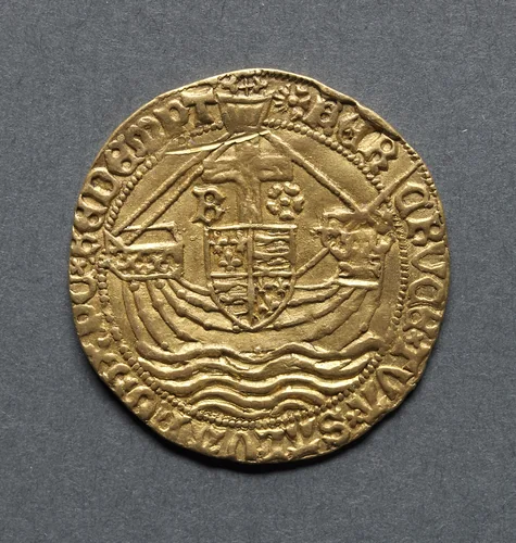 Angel: Ship with Shield of Arms and Cross (reverse) by Unknown, metalwork, 1483-1485