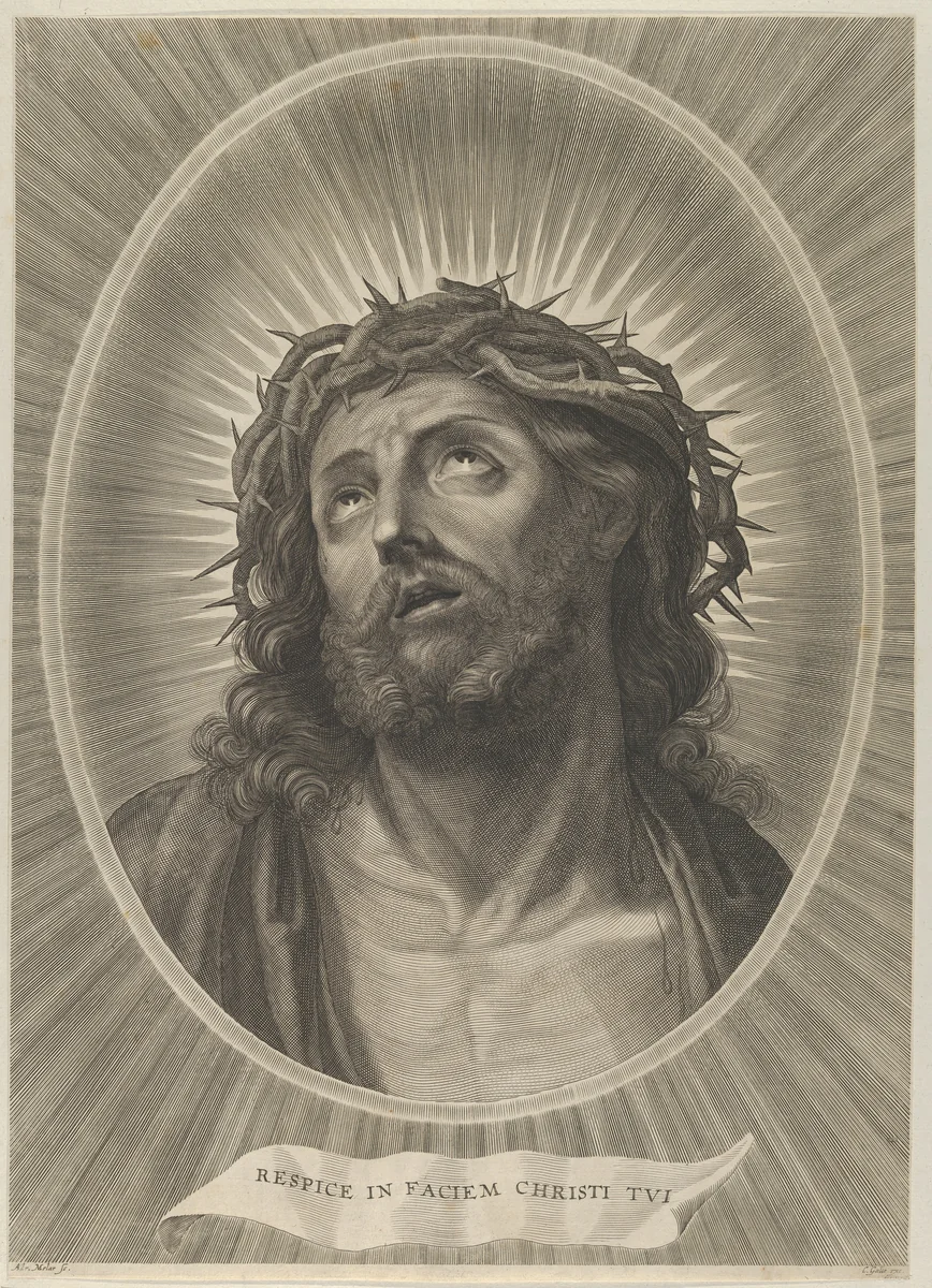 Head of Christ looking up with crown of thorns, in an oval frame, after Reni by Adrian van Melar, print, 1648-1658