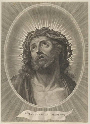 Head of Christ looking up with crown of thorns, in an oval frame, after Reni by Adrian van Melar, print, 1648-1658