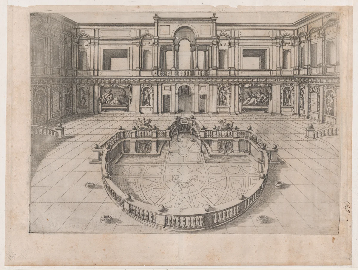 Great Hall within the Villa of Pope Julius, from "Speculum Romanae Magnificentiae" by anonymous, print, 1530-1580