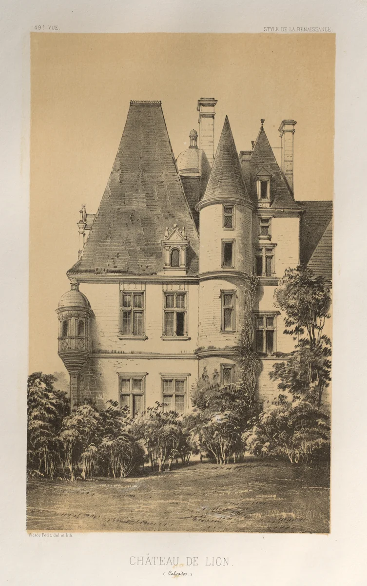 Architecture Pittoresque ou Monuments des XVeme. Et XVIeme. Siecles: Chateaux de France des XV et XVI Siecles: Pl. 49, Château De Lion (Calvados) by Victor Petit, print, 1860