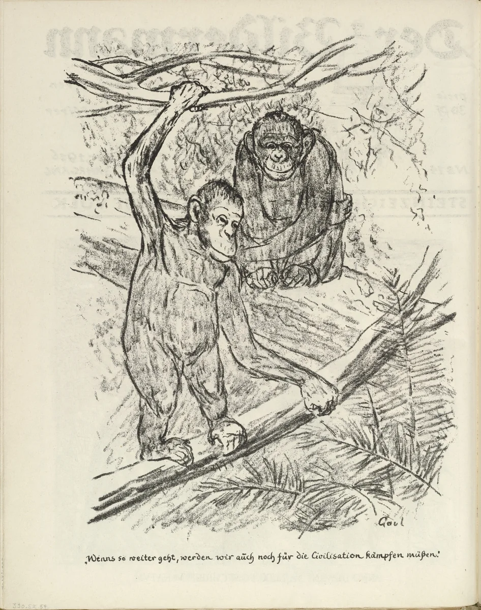 The Monkeys (Die Affen) (plate, folio 28 verso) from the periodical Der Bildermann, vol. 1, no. 14 (Oct 1916) by August Gaul, periodical, 1916
