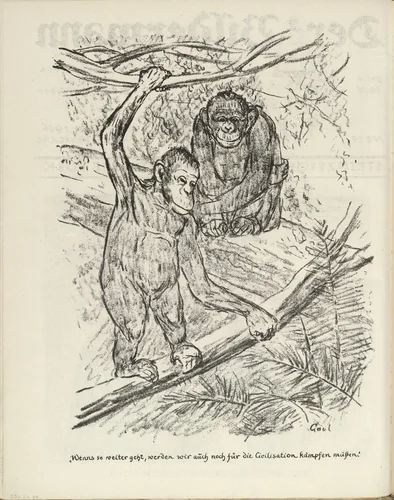 The Monkeys (Die Affen) (plate, folio 28 verso) from the periodical Der Bildermann, vol. 1, no. 14 (Oct 1916) by August Gaul, periodical, 1916