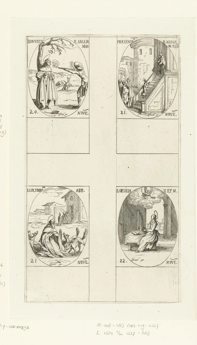Heilige Edmundus van East Anglia, Presentatie van Maria in de tempel (Maria Presentatie), Heilige Columbanus van Bobbio, Heilige Caecilia van Rome (20-22 november) by Jacques Callot, print, 1632-1636